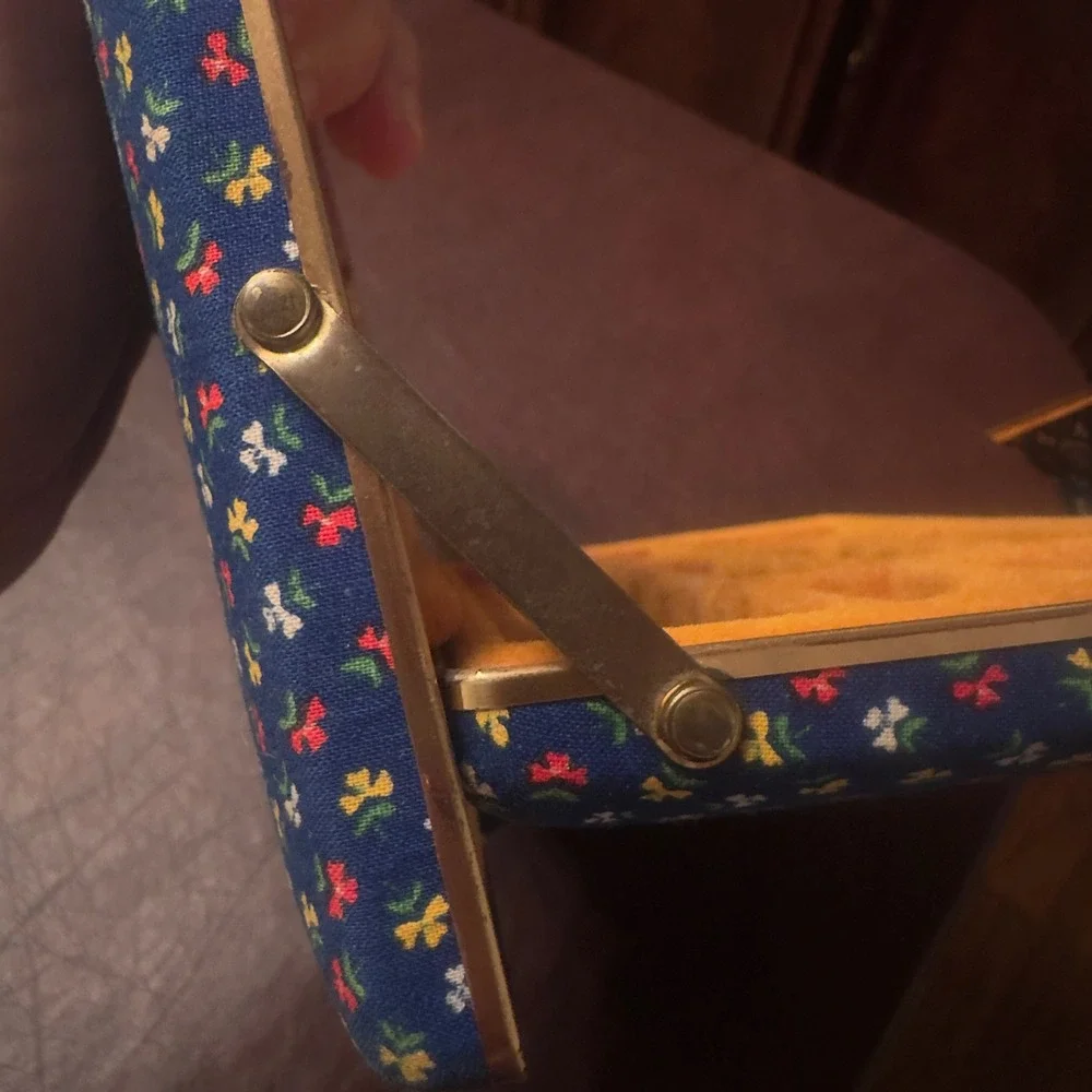 Vintage 1960s 70s Travel Jewelry Case Box Floral Fabric Mirror Organizer Vanity